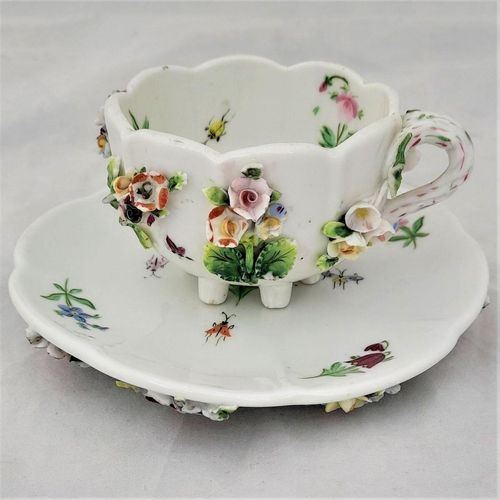 front - Dresden porcelain cup & saucer applied flowers hand painted insects antique late 19th C - lobed shape on six stilt feet - Meissen style - monogram JR