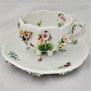 front - Dresden porcelain cup & saucer applied flowers hand painted insects antique late 19th C - lobed shape on six stilt feet - Meissen style - monogram JR