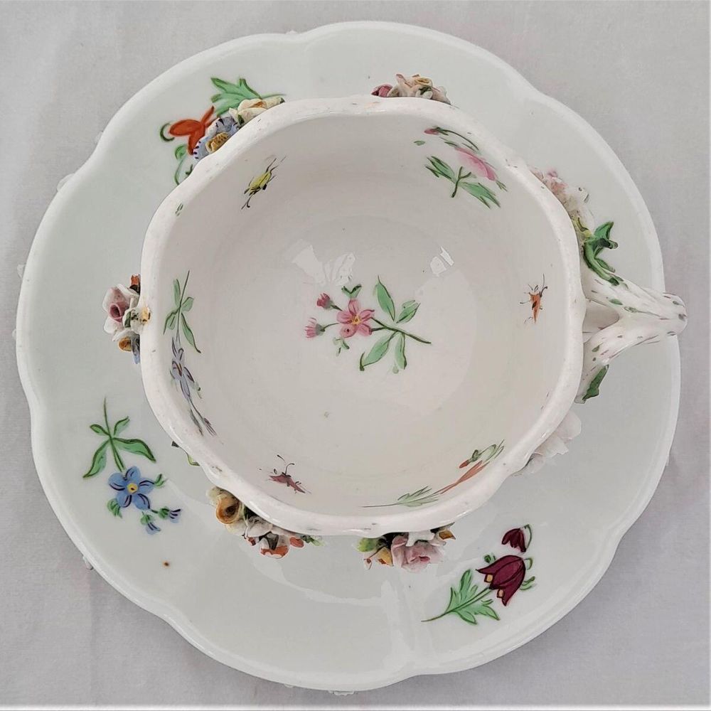 Top - Dresden porcelain cup & saucer applied flowers hand painted insects antique late 19th C - lobed shape on six stilt feet - Meissen style - monogram JR