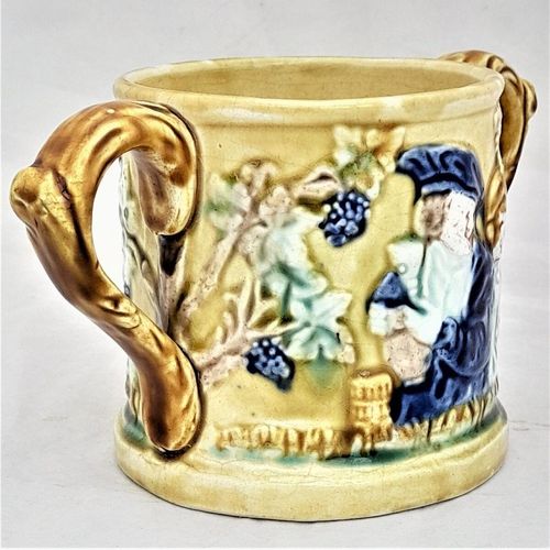 Front left - jolly Topers - Novelty Frog Loving Cup Jolly Topers - Prattware underglaze coloured - Kilnhurst Pottery Yorkshire - moulded The Miser & Grapevines - Antique c 1860