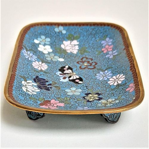 Right view - Japanese shippo cloisonne turquoise enamel bracket footed small rectangular dish decorated with butterfly & flowers - Antique Meiji period circa 1900