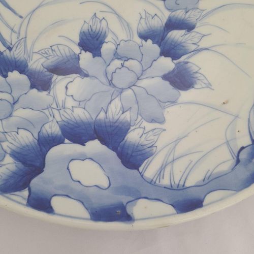 Detail rock and peony - Large Japanese Arita Porcelain Charger Painted Blue & White Bird of Paradise in Prunus Tree - antique circa 1870 19th C Meiji 41 cm diameter 2.29 kg