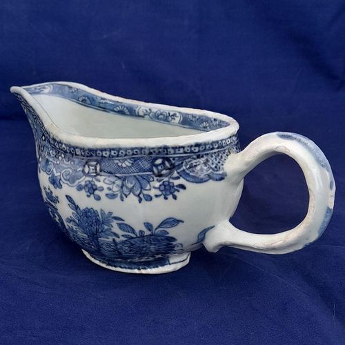 Left rear view - Chinese Export Porcelain Blue & White Sauce Boat Garden Terrace Pattern with River & Island - Bulbous shape Gadrooned & unfooted - Qianlong Qing 1760