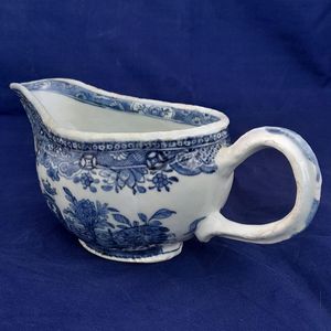 Left rear view - Chinese Export Porcelain Blue & White Sauce Boat Garden Terrace Pattern with River & Island - Bulbous shape Gadrooned & unfooted - Qianlong Qing 1760