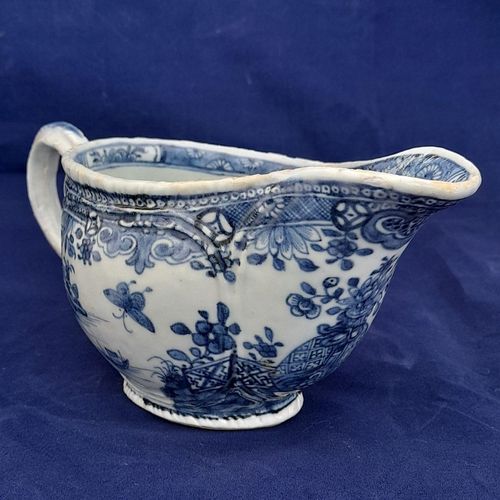 Right front side - Chinese Export Porcelain Blue & White Sauce Boat Garden Terrace Pattern with River & Island - Bulbous shape Gadrooned & unfooted - Qianlong Qing 1760