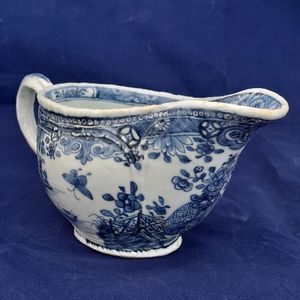 Right front side - Chinese Export Porcelain Blue & White Sauce Boat Garden Terrace Pattern with River & Island - Bulbous shape Gadrooned & unfooted - Qianlong Qing 1760