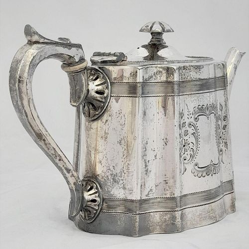 right back handle view - James Dixon & Sons silver plated Commode shaped EPBM tea pot engine engraved design - antique George V circa 1920 2 pint capacity