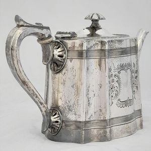 right back handle view - James Dixon & Sons silver plated Commode shaped EPBM tea pot engine engraved design - antique George V circa 1920 2 pint capacity