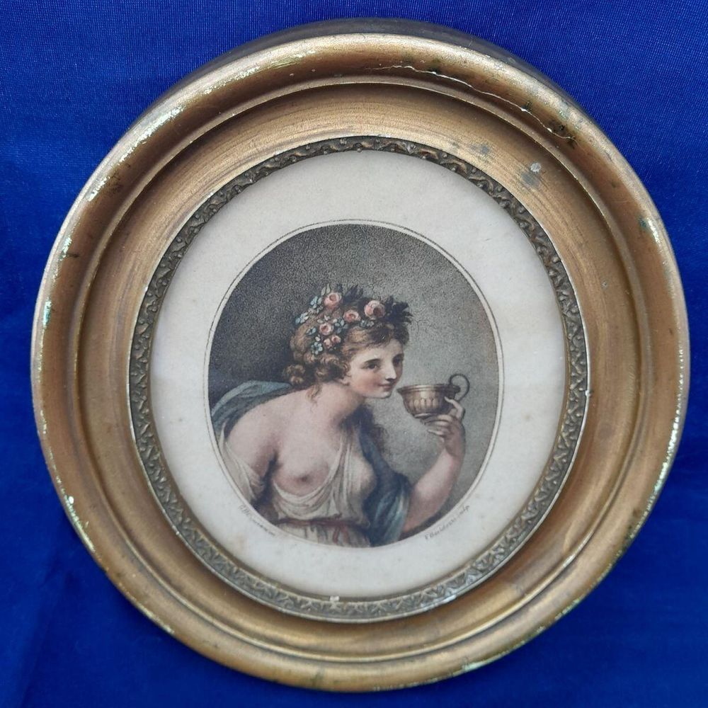 View from above : Antique Francesco Bartolozzi hand coloured stipple engraved Print of a Bacchante after a painting by Giovanni Battista Cipriani circa 1780 Oval Frame
