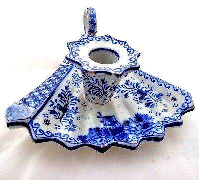 Delft Chamberstick Ladies Hand Fan Shape Blue & White Alchemy Mark 19thC