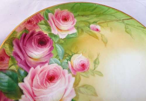 Antique Porcelain Cabinet Plate Hand Painted Pink Roses Worcester Type ca 1910
