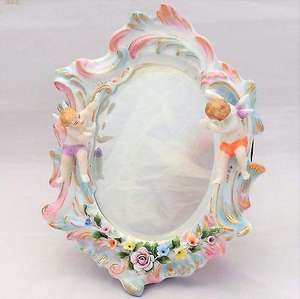 Antique Sitzendorf Mirror Cherubs Voigt Bros Porcelain Rococo Wooden Back c 1880