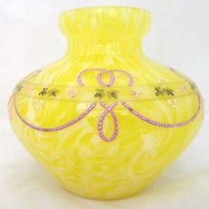 Art Deco Czech Yellow Marbled Glass Vase Enamelled Decor Franz Welz / Harrach ?