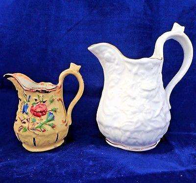 Antique Pair Relief Moulded Jugs Rose Pattern Porcelain and Yellow Ware c 1830