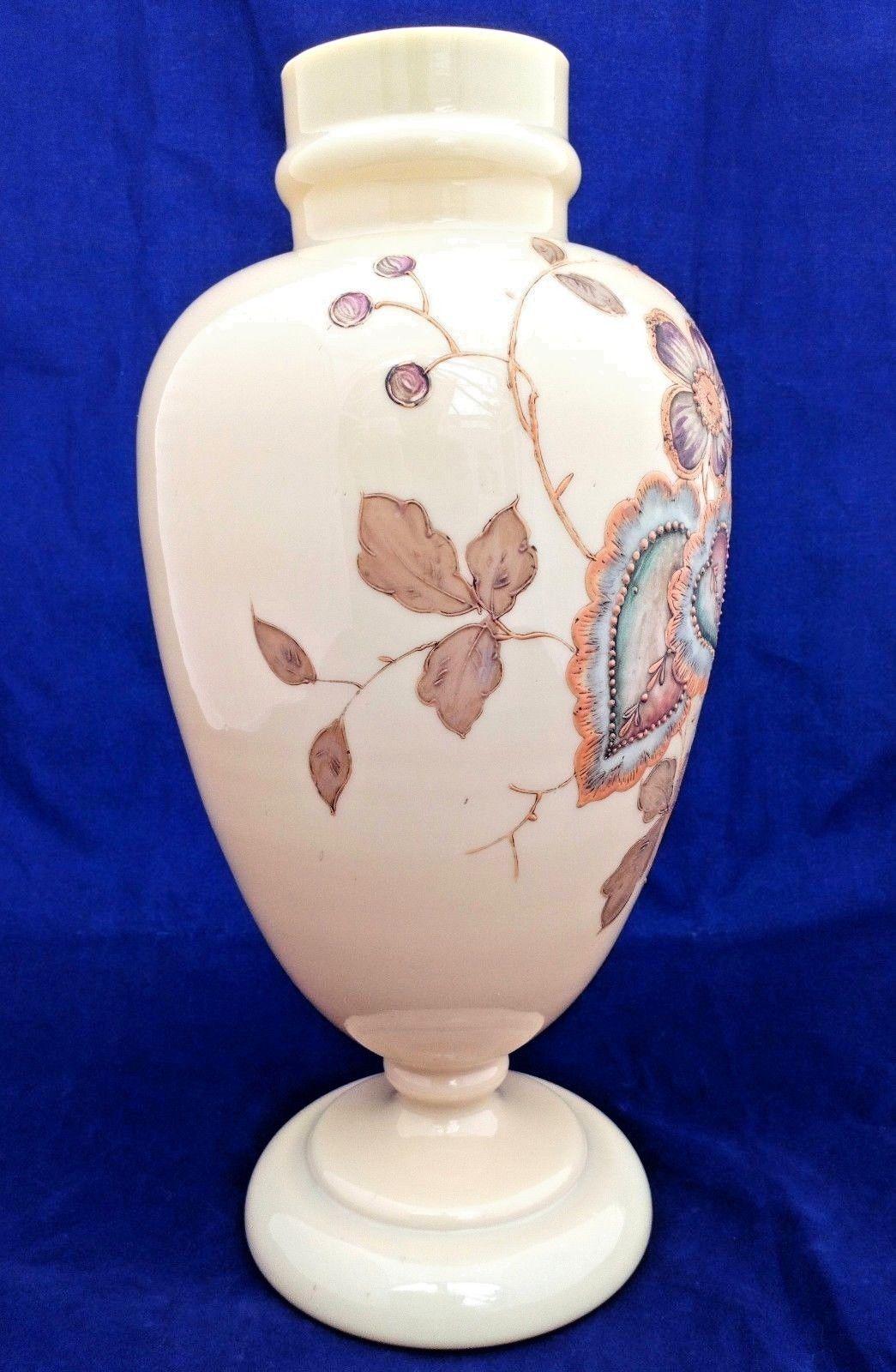 Opaque Glass Vase Hand Painted Decor Bohemian Antique Victorian c 1880 11 inches