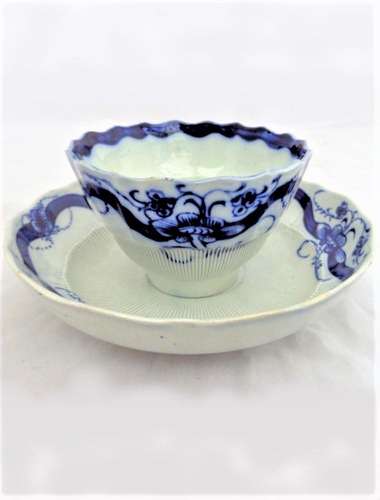 Antique Pennington Pearlware Tea Bowl & Saucer HP B&W Finely Half Reeded c 1775