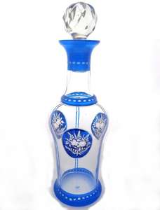 Art Deco French Glass Liqueur Decanter or Scent Bottle Blue Painted and Engraved