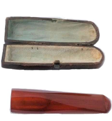 Amber Cigar Cheroot Holder Original Leather Covered Wooden Case Antique 19thC