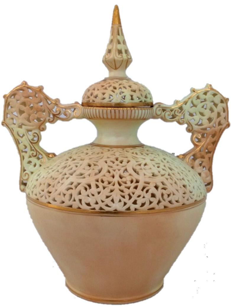 Grainger & Co Worcester Porcelain Reticulated Vase Blush Ivory Lid Antique dated 1897