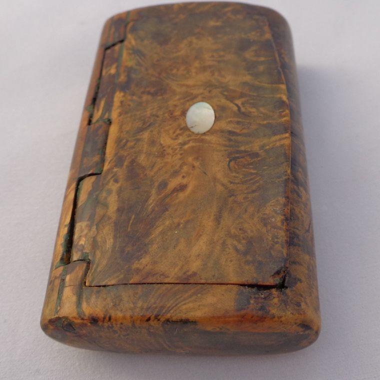 Antique Snuff Box Carved Burr Walnut Snuff Mother of Pearl Inlay Box Hinge c 1820