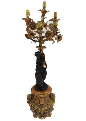 Patinated Bronze Ormolu Figural 5 light Candelabrum Lamp French c 1890 68cm