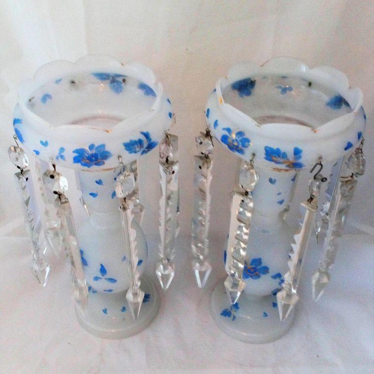 Pair of White Opaque Glass Mantle Lustre Vases Antique Victorian c 1870