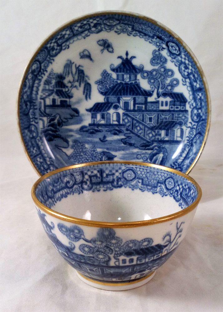 New Hall Porcelain Two Moths Willow Pattern Tea Bowl & Saucer ca 1795