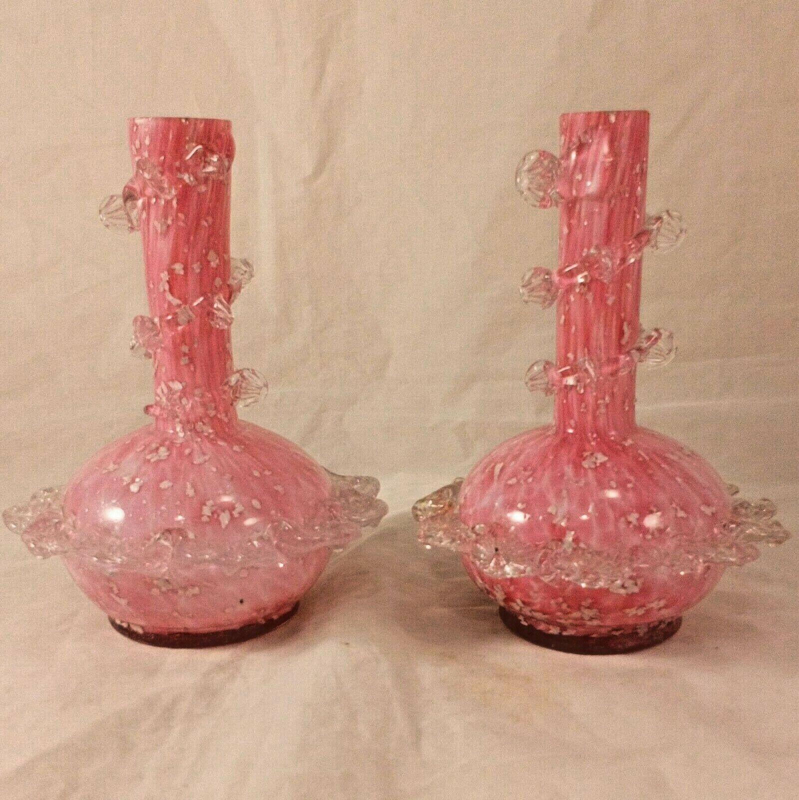 Antique Pair Pink Spangled Art Glass Vases Clear Glass Applied Flowers c 1890