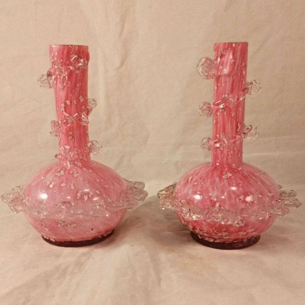 Antique Pair Pink Spangled Art Glass Vases Clear Glass Applied Flowers C 1890