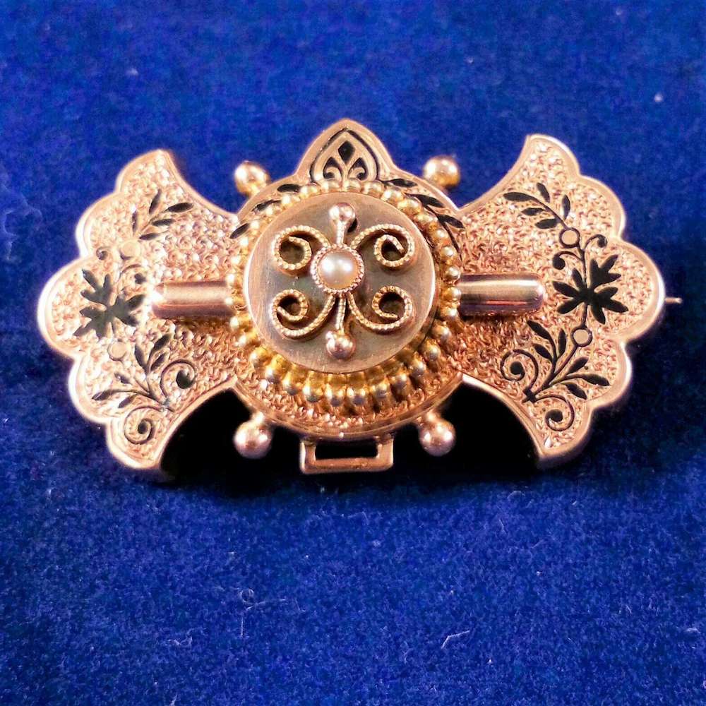 Antique Victorian 15ct Rose Gold Black Enamel Brooch with Watch Clip 6.6 g 1870