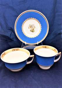 Rockingham Brameld Porcelain Brunswick Blue Trio Cups & Saucer Cowslips c 1826