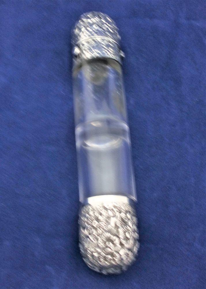 Victorian Double Ended Scent Salts Bottle Clear Glass Embossed White Metal Caps