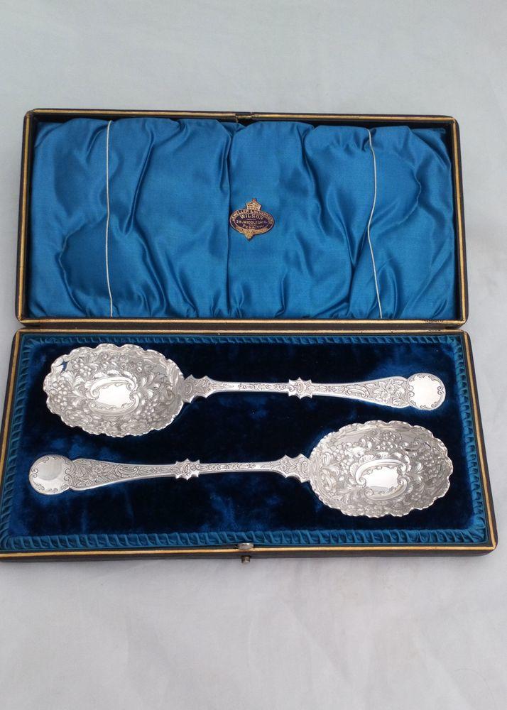 Victorian Pair Ornate Silver Plate Berry Spoons Original Box Wilson Penrith 1870