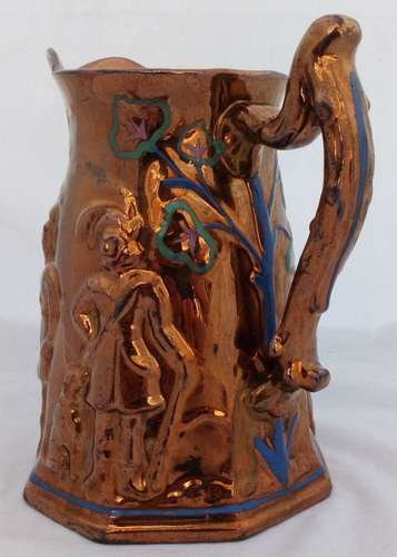 Octagonal Copper Lustre Jug Low Relief Moulded Hunters Dog Hawk c 1840