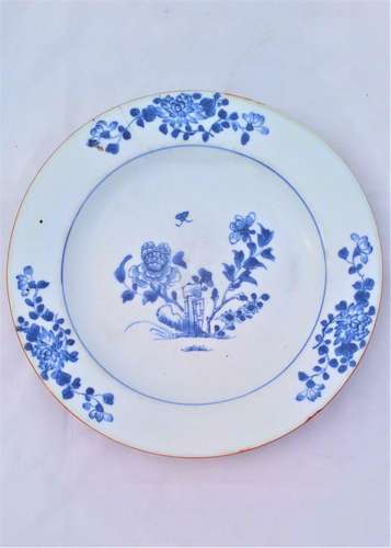 Chinese Porcelain Plate Hollow Blue Rock Butterfly Peony Brown Batavian Rim