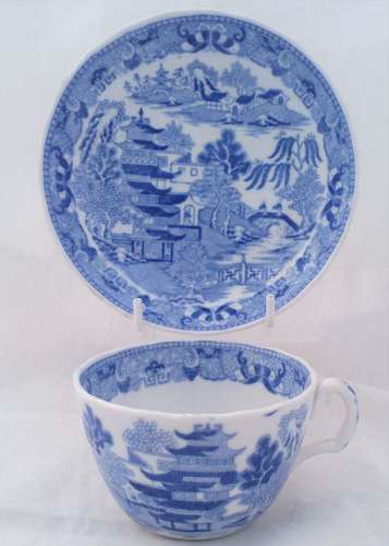 Bute Shape Porcelain Cup and Saucer Blue and White Broseley Pattern Miles Mason type c 1810