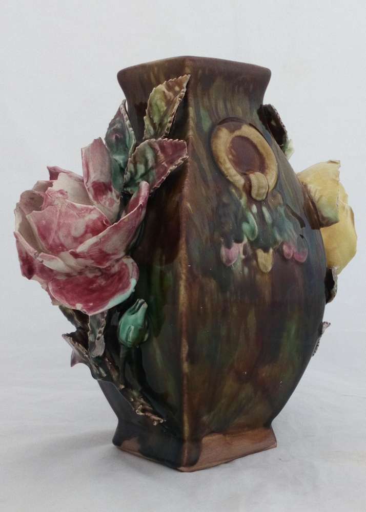 Art Nouveau Barbotine Majolica Square Vase Jean-Marie Pointu Antique c 1890