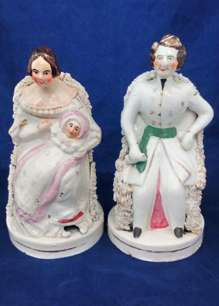 Pair Staffordshire Queen Victoria with Baby and Prince Albert Seated Figurines Antique c 1841