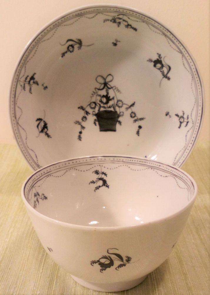 Antique New Hall Porcelain Tea Bowl and Saucer En Grisalle or black monochrome Floral Basket pattern number 380 circa 1790