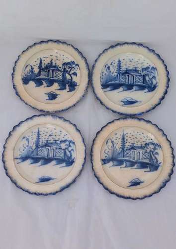 Set of four antique Indeo Pottery Bovey Tracey Cottage and  Fence Pearlware Shell Edge Dessert Plates circa 1780