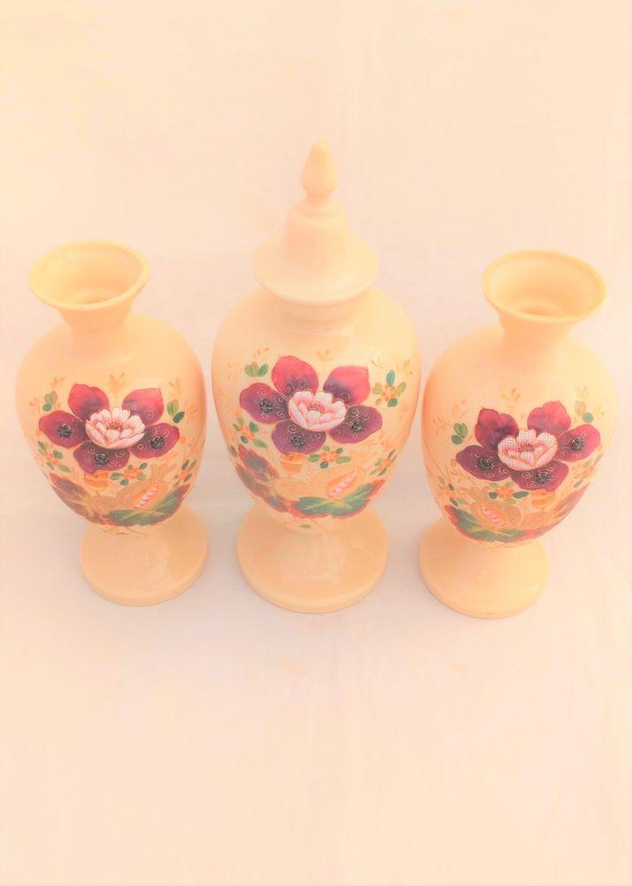Garniture of Floral Painted Peach Coloured Opaque Glass Vases Antique Victorian c 1870
