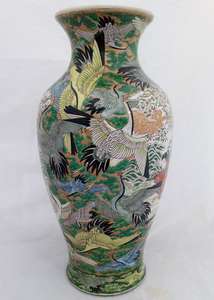 Aode Kutani Porcelain Vase Antique Japanese Hand Painted Cranes Meiji 45 cm