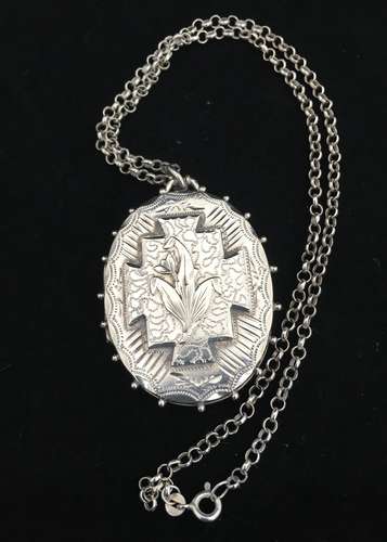 Antique Victorian Aesthetic Movement Large Silver Locket and Chain 1886 Snowdrop