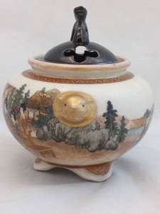 Antique Japanese Satsuma Pottery Koro hand painted figures in a continuous lakeside and mountain scene by Kizan 岐山 Meiji circa 1900