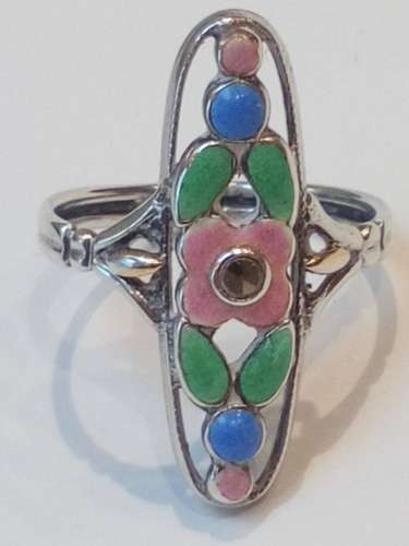 Antique Arts and Crafts Art Deco Bernard Instone Silver Enamel Marcasite Ring
