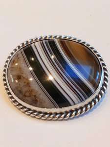 Antique Victorian Scottish Banded Agate Large Specimen Brooch Silver Mount c 1880