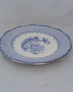 Victorian Blue and White Dinner Plate Romantic Pattern No 15 Geometric border c 1850