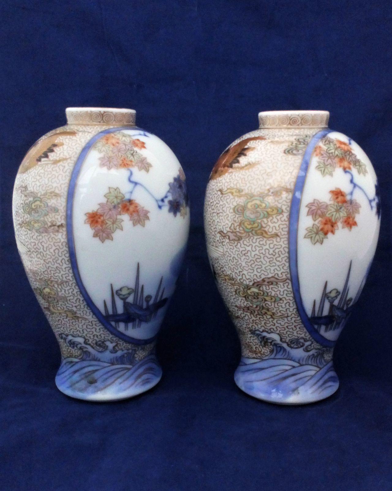 An antique pair of Japanese Koransha porcelain vases painted with Cranes and Carp Meiji period circa 1890