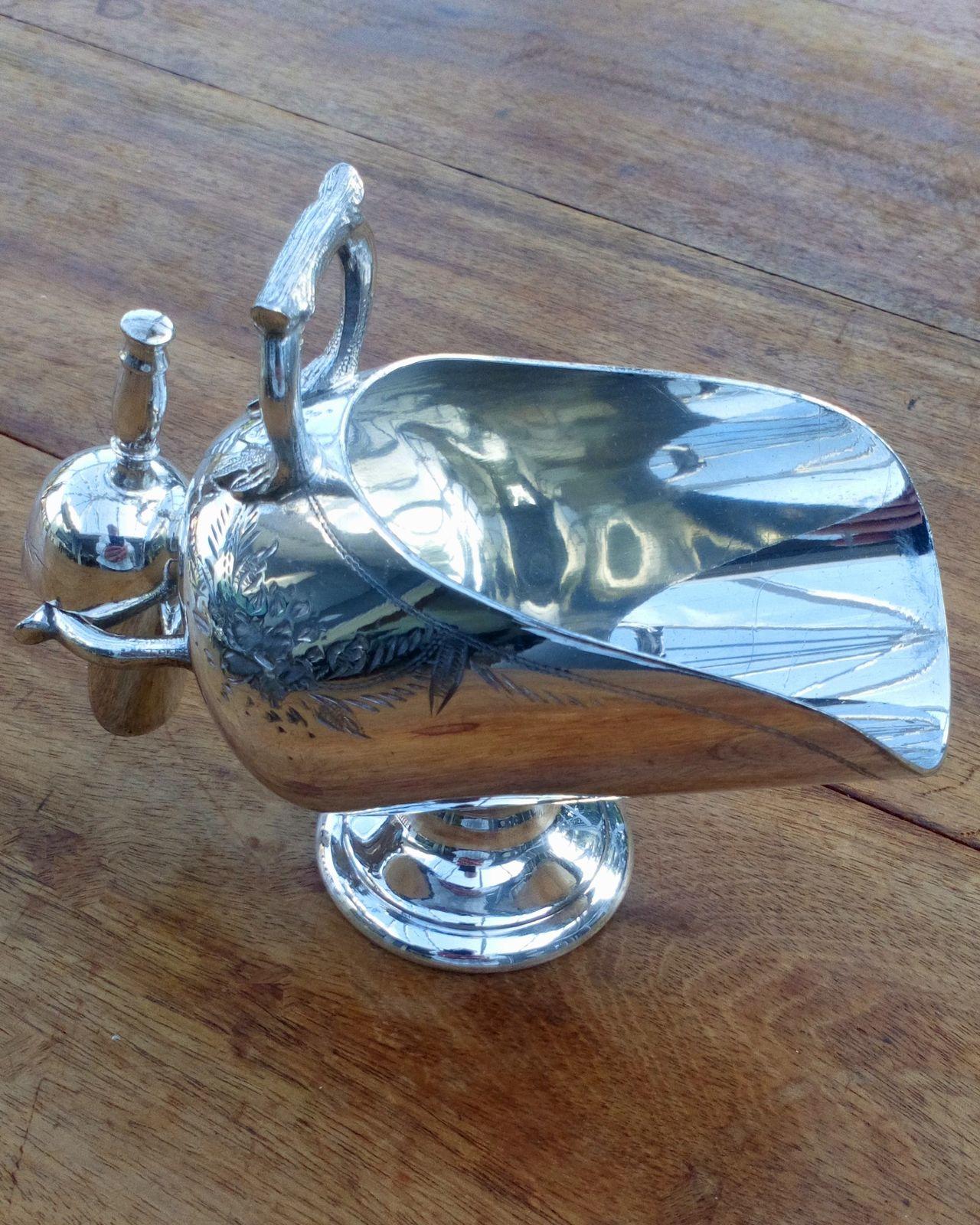 Antique Victorian silver plated helmet shaped sugar basin or scuttle shape sugar basket and scoop spoon circa 1900