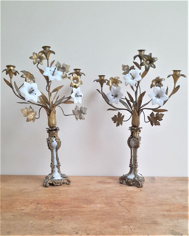 An antique pair of French gilded bronze or ormolu three branch church Candelabra with bronze and opaline glass flowers circa 1870.